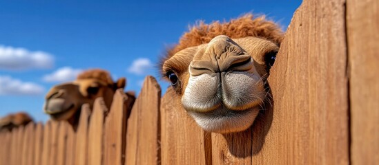 Curious camel peeking over wooden fence under bright blue sky with fluffy clouds