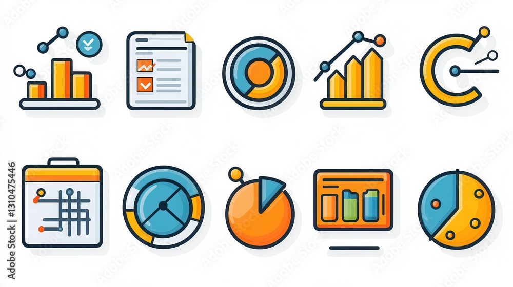 Poster collection of modern outline icons representing various statistical financial and data visualization