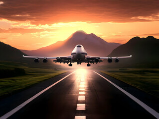 Sunset Airplane Landing Runway Illustration