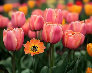 Tulips bloom in garden bed