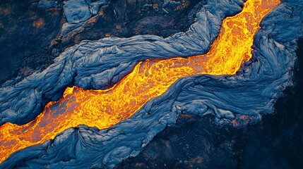 Molten lava flows through volcanic rock