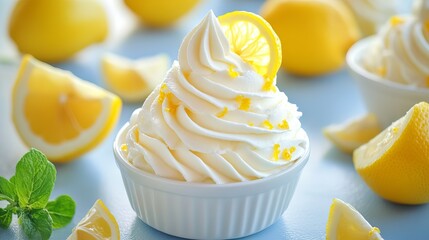 Delicious Creamy Lemon Frozen Yogurt Dessert Sweet Treat Refreshing Summer Food Photography White Bowl Zesty Citrus Flavorful Whipped Ice Cream Cool  
