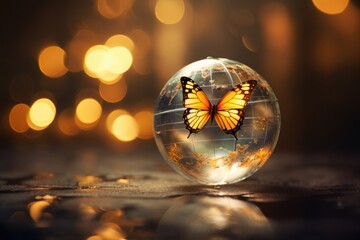 Butterfly in glass sphere with bokeh lights. Magical nature concept for Earth Day. Environmental protection and fragile ecosystem symbolism.