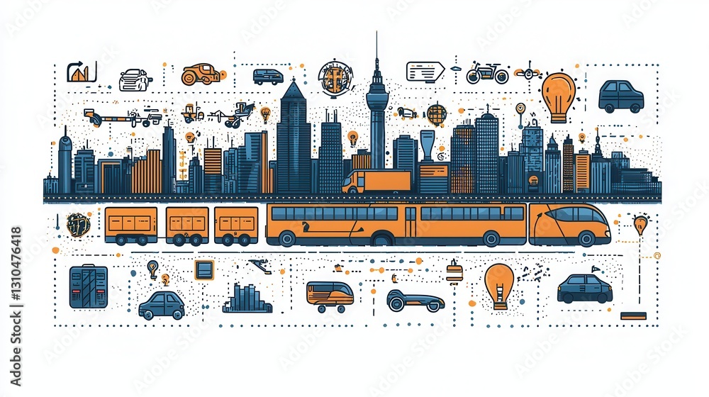 Poster comprehensive outline depicting a range of modern transportation modes urban infrastructure componen