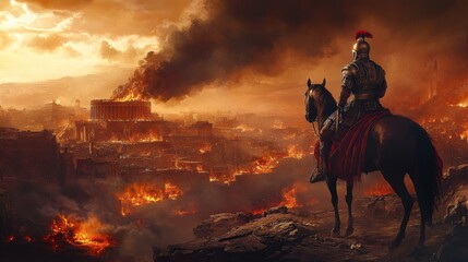 Fototapeta premium City Centurion Horseback Overview City Smoke Surveying