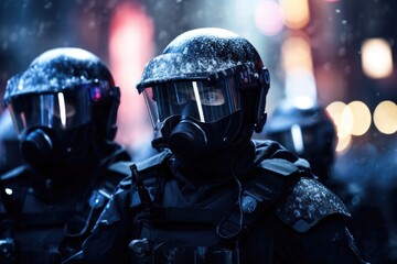 Riot police in full gear with helmets and face shields standing in dark, rainy conditions. Law enforcement concept for protest, civil unrest, and public safety