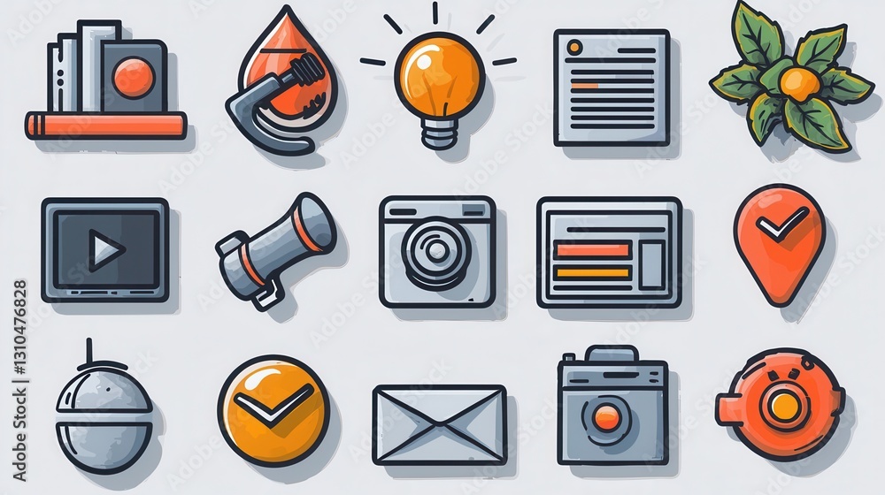 Poster collection of minimalist outline icons featuring a digital training concept for creative web and mob