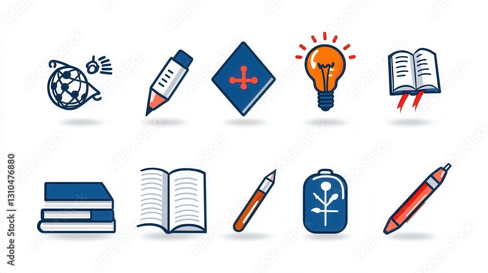 Poster a set of simplified outline icons symbolizing the various elements and stages involved in the learni