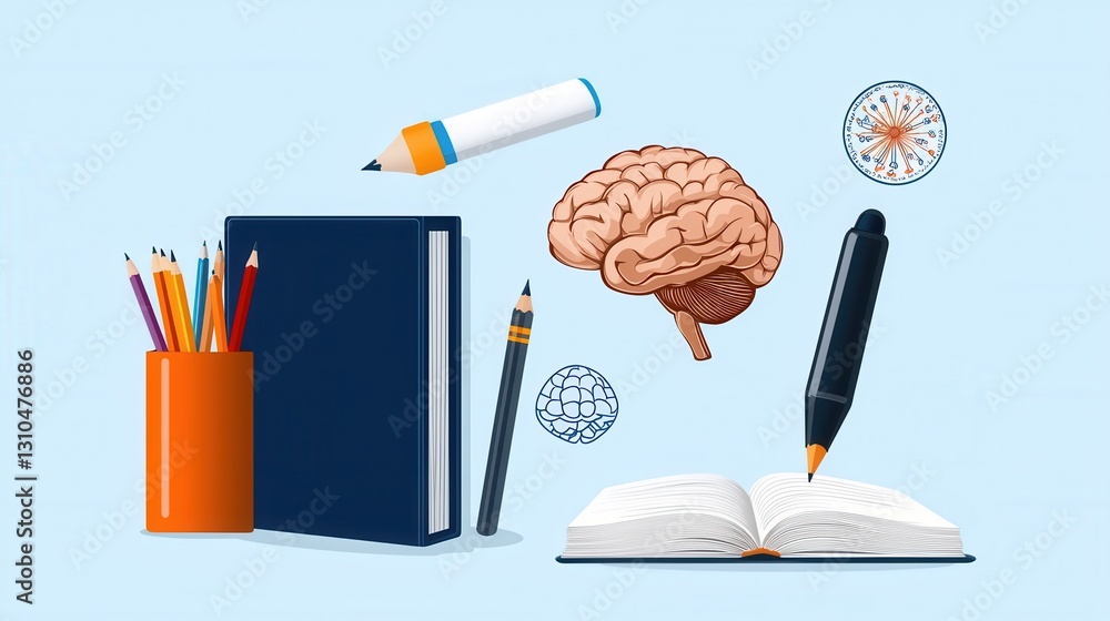 Poster desk setup and brain boosting tools for focused learning academic achievement and professional devel