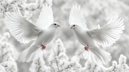 Obraz premium White doves in flight, snowy winter backdrop