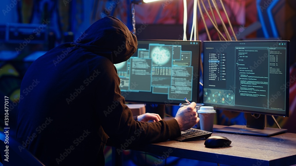Poster hacker in abandoned warehouse talking on phone with partner, stealing data after using phishing tech