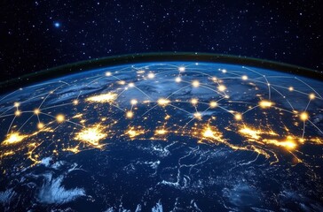 Obraz premium Global Network Connections Above Earth at Night with Illuminated Cities and Stars in Background Representing Technology and Communication Advances