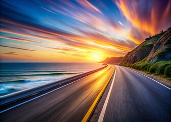 Naklejka premium Empty Coastal Highway at Sunset, Motion Blur, Dramatic Sky, Seaside Drive, Road Trip