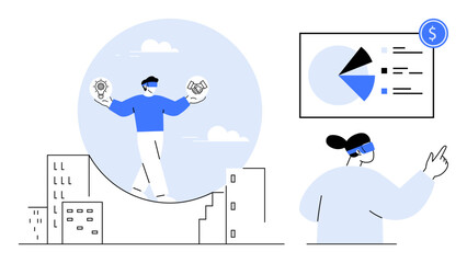Person balancing ideas and partnerships above city skyline, with finance chart and presenter. Ideal for growth, decision-making, collaboration, analysis, innovation, leadership teamwork. Flat simple