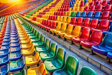 Fototapeta premium Empty Colorful Stadium Seats: Row of Vacant Bleachers Ready for the Game