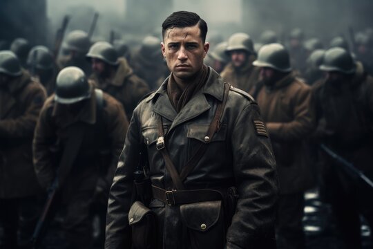 Somber soldier standing amid troops. World War II historical drama scene. Remembrance Day concept. Cinematic military movie still for Memorial Day.