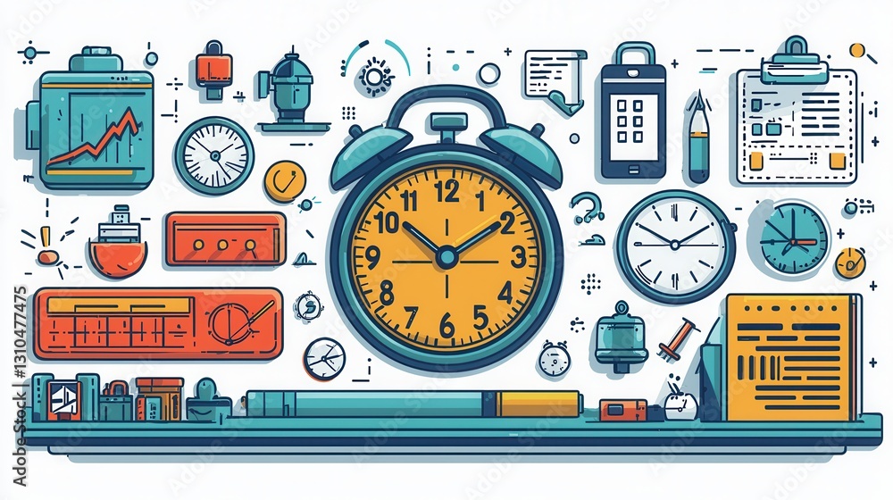 Poster a comprehensive collection of time management icons and symbols including clocks calendars timers al