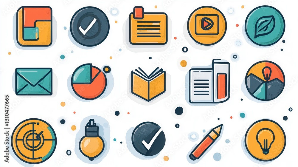 Poster a collection of minimalist outline icons that represent various elements of learning productivity wo