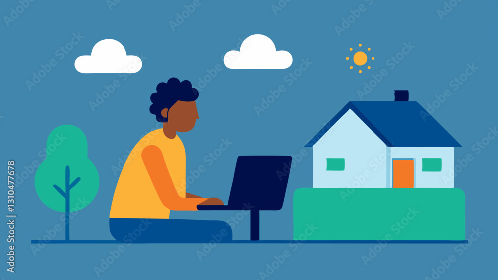 Poster telehealth barriers an individual sitting at a computer in a rural home with a loading screen symbol