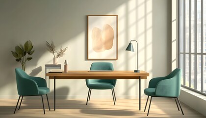 Modern Minimalist Office Workspace Design with Teal Chairs
