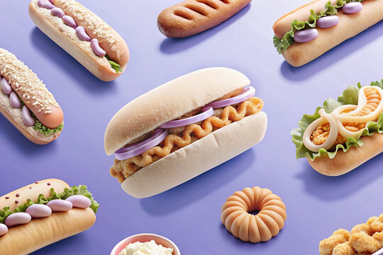 Assorted delicious hot dogs, sandwiches, and snacks on purple background. - Powered by Adobe