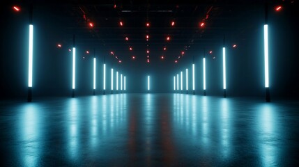 Neon lights illuminate a dark, smoky hallway