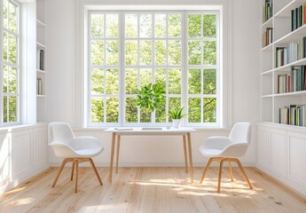 Bright minimalist home office with large window, white chairs, and built-in bookshelves.
