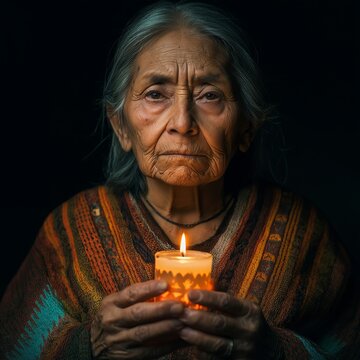 Indigenous Woman Elder Holding Candle