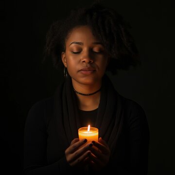 Solemn Woman Holding Candle with Black Background