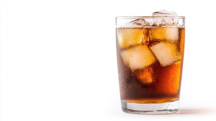 Chilled cola with ice in a glass against a bright backdrop
