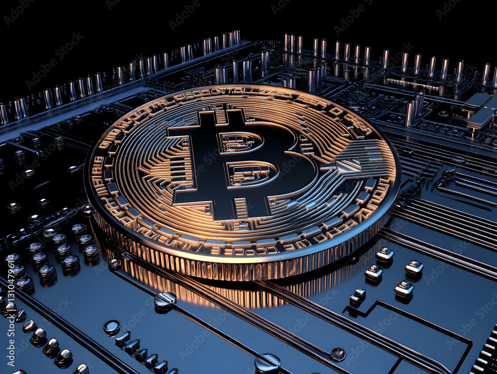 Poster 3d render of bitcoin on circuit board