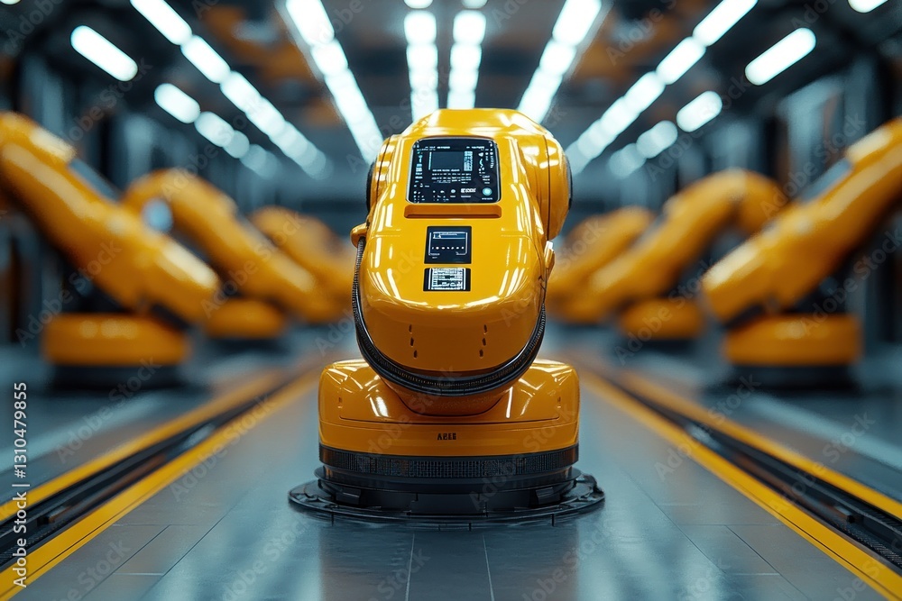 Poster industrial robot arm in automated factory with modern design and bright lighting
