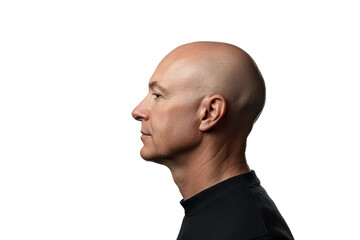 Profile view of a bald man showcasing his features against a plain background