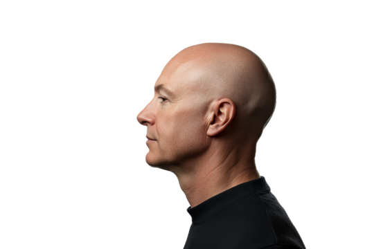 Profile view of a bald man showcasing his features against a plain background