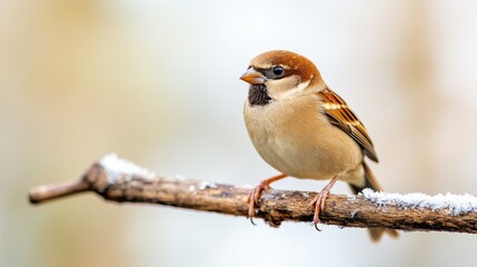 Fototapeta premium Charming Eurasian tree sparrow enjoys first snow on a chilly morning