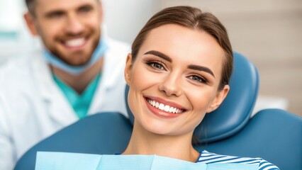Fototapeta premium Dentistry dental care concept. Smiling woman in dental chair with a dentist in the background, showcasing a positive dental experience.