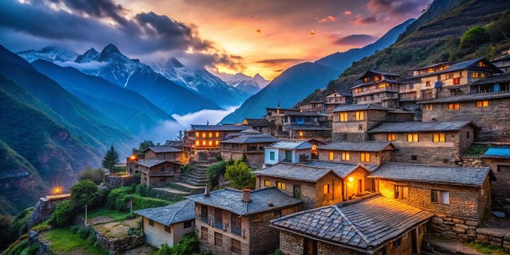 Enchanting Ghalegaun Village at Dusk, Lamjung, Nepal - Low Light Mountain Scenery