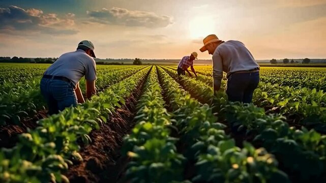 Video of farmers working in a lush field at sunset, captured from a low angle, highlighting rows of crops and a warm, golden atmosphere.