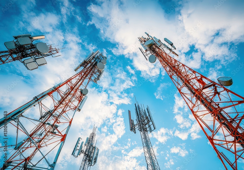 Poster high angle view of communication towers against blue sky with clouds in daylight, technology infrast