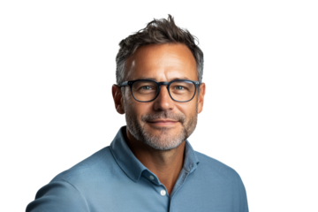 Middle aged man with glasses smiling against a white background during a professional photo session