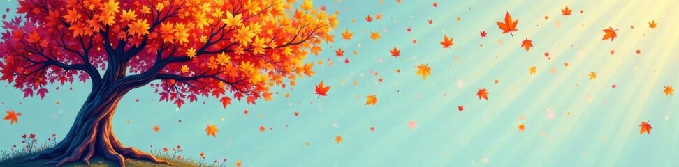 Cartoon illustration of a tree with colorful leaves, swirling autumn colors, whimsical style, cartoon, fall, fantasy