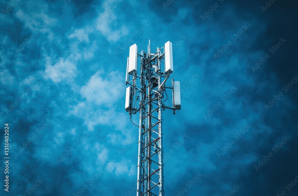 Aufkleber high-tech communication tower against dramatic sky with dynamic cloud patterns and innovative equipm