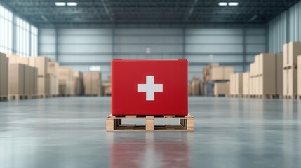 A compact yet robust red emergency medical kit with the Red Cross logo on a wooden pallet in a large industrial warehouse setting