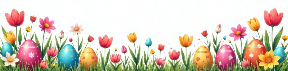 Fototapeta premium hand drawn spring doodle set background with colorful eggs and spring flowers, vector graphics, artisanal, eggs