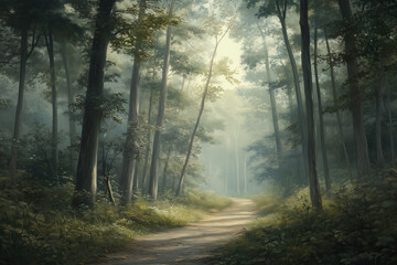 Obraz premium A forest path surrounded by tall trees