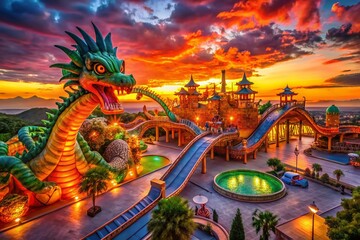 Obraz premium Epic Dragon Playground: Dusk Illumination, Slides, Climbing Frames & Dragon Sculptures