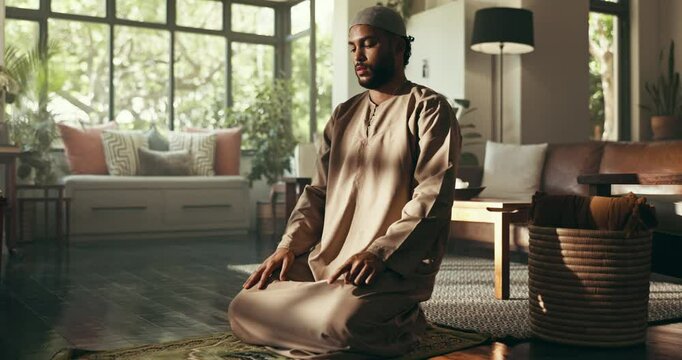 Islamic, prayer and muslim man on floor for Eid mubarak, God and living room worship. Salah, praise and Ramadan prostrate with spiritual person praying on mat at home for faith, religion or gratitude