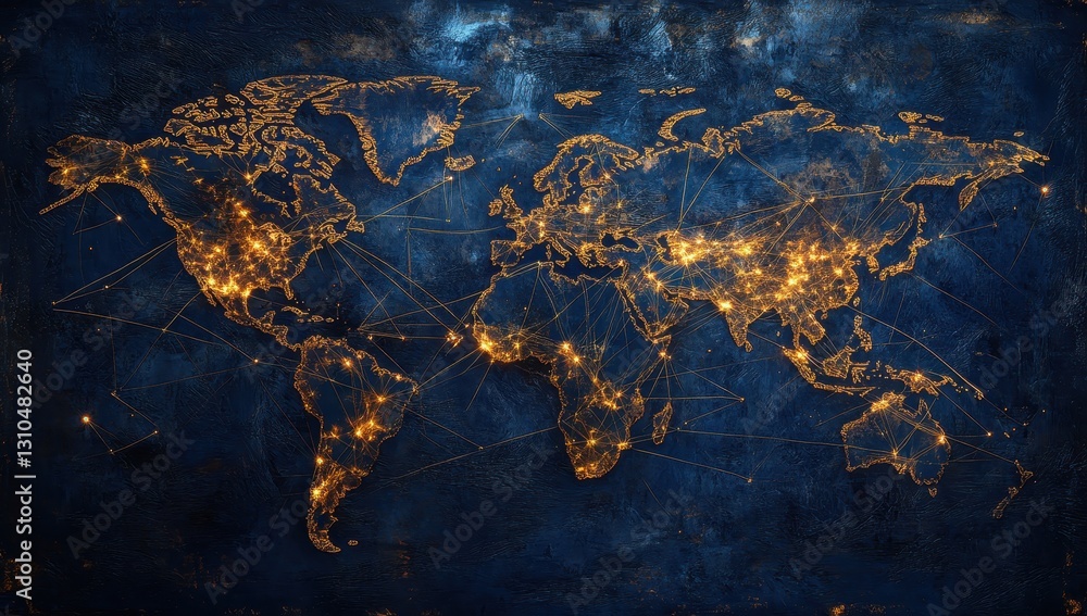 Poster illuminated world map with connective lines and network nodes on dark blue background for global con