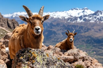 Obraz premium Mountain Goats in Alpine Landscape with Snowy Peaks and Blue Sky in the Background