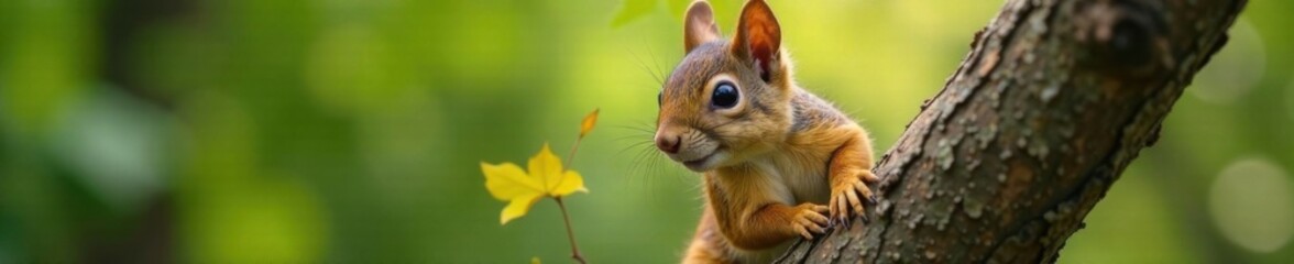 Fototapeta premium Playful squirrel peeking out from behind a tree branch with a few leaves scattered on its fur, illustration, forest, cartoon